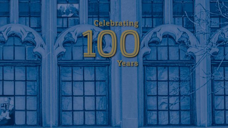 Fall 2021 banner. Exterior Prechter windows with blue overlay and gold text, "Celebrating 100 Years."