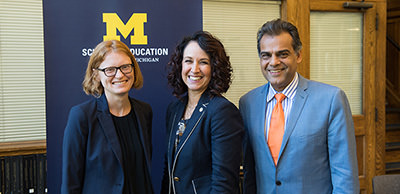 Photo of Dr. Christine Weiland, Dean Elizabeth Moje and Dr. Ajay Chaudry
