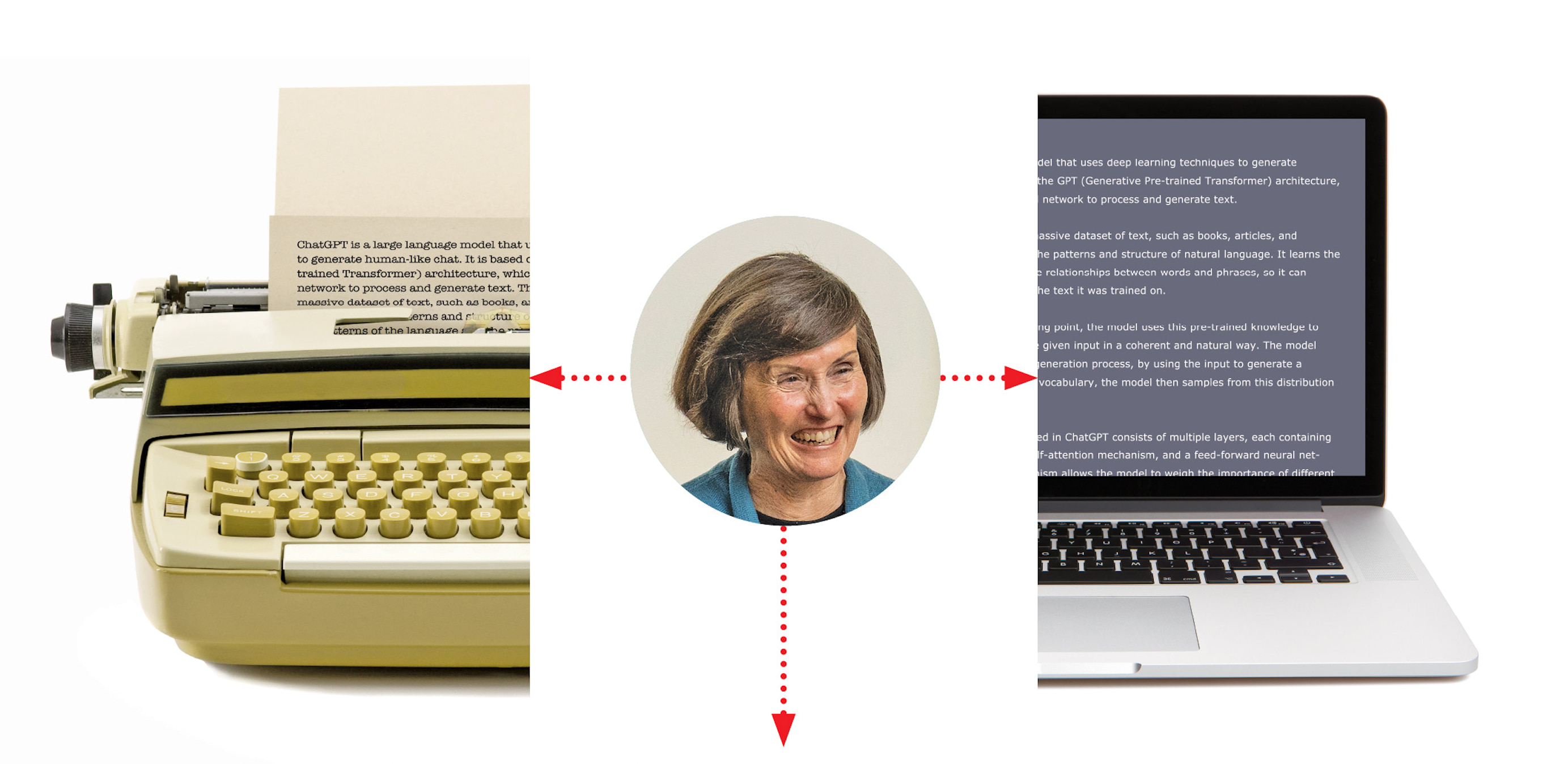 Headshot of Anne Gere between images of a typewriter (on the left) and MacBook (on the right).