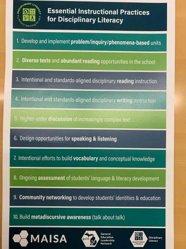 A poster of the Essential Instructional Practices for Disciplinary Literacy.