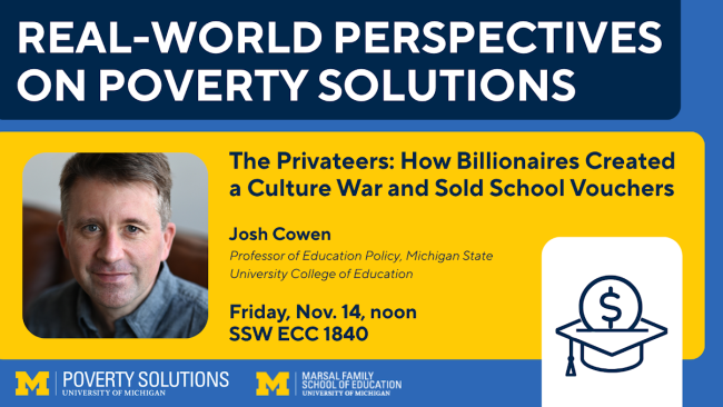 Photo of man with text "Real-World Perspectives on Poverty Solutions" 