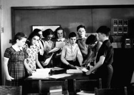 Black and white photo of University High School students