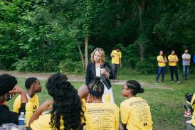 Elizabeth Birr Moje listens to students from the School at Marygrove