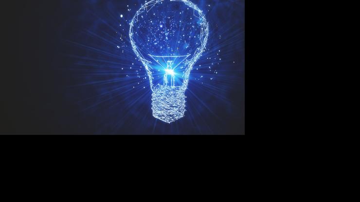 A blue lightbulb represents innovation