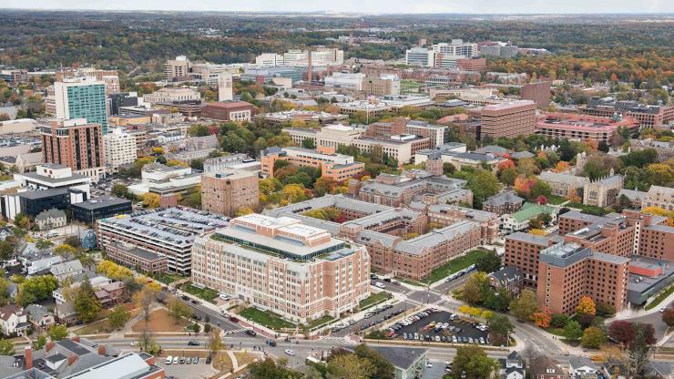 Aerial view of U-M campus, looking east across Munger Graduate Residences