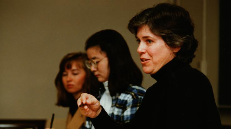 Janet Lawrence speaks during a table discussion