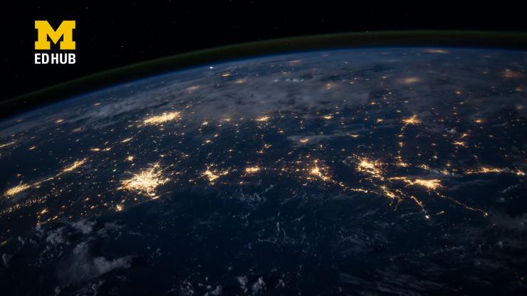 Photo of Earth from space at night, with EdHub logo in floating above
