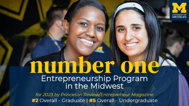 Two young women smile at the camera with overlayed text that reads "Number One Entrepreneurship Program in the Midwest"