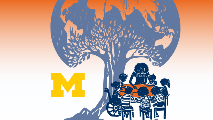Stylized illustration of a tree with several children's and an adult's silhouettes sitting at a circular table beneath it.