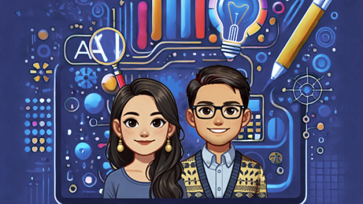 Graphic of two people -- Chris and Rebecca Quintana -- on a laptop screen with colorful icons around them