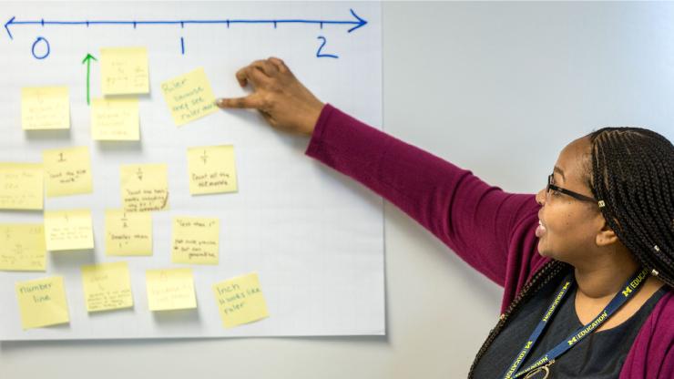 A person presenting in front of a whiteboard points to a specific post-it note.