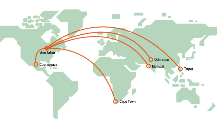 Simple, stylized graphic of a world map, showing Ann Arbor connected to Cuernavaca, Cape Town, Mumbai, Dehradun, and Taipei