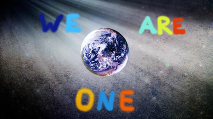 Drawing of the Earth surrounded by the words "We are one."