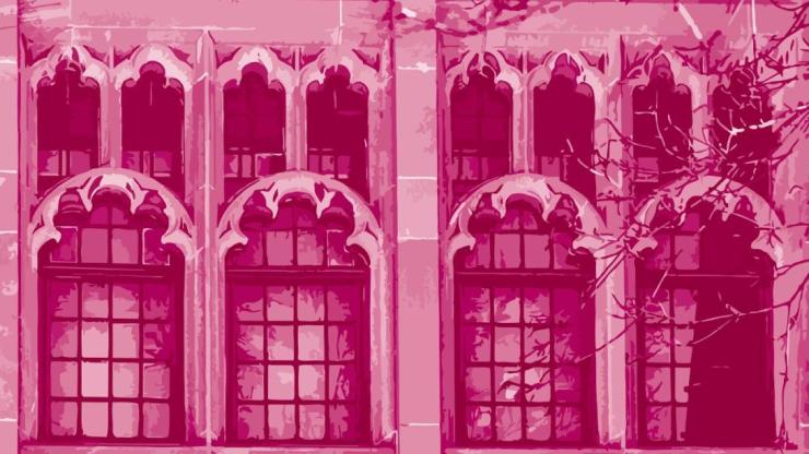 The exterior of the School of Education building cast in a pink hue
