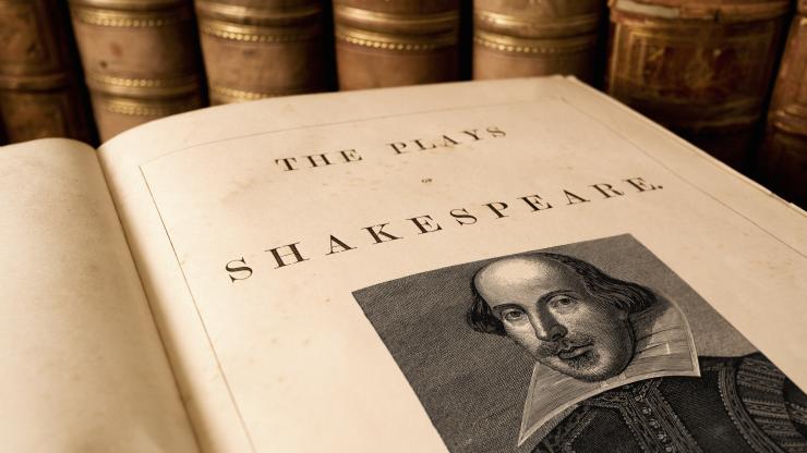 In the foreground, the right-side page of an open book displays a black and white etching of William Shakespeare. Above the image, text reads "The Plays of Shakespeare." In the background, a row of antique books with gold details are displayed.