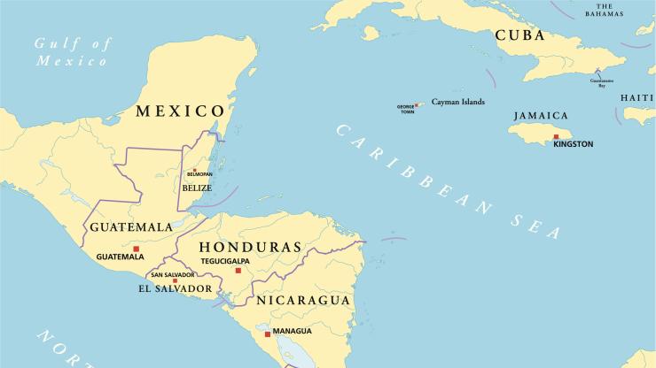 A geographic map shows Mexico and Central America, as well as Cuba and islands in the Bahamas. The Carribbean Sea is represented by light blue, and the countries are drawn in light yellow, with purple lines defining their borders.