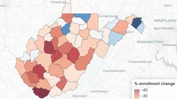 Map of West Virginia with counties highlighted to indicate enrollment changes by counties.