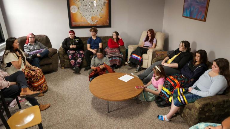 The Indigenous Education Youth Collective group from left to right: Chloe Kannan, LSSU, Alk Sabatine, Hannah Bailey, Elijah Brocklehurst, George Solomon (sitting), Rowan Carter, Ella Black, Jay Johnson, Kamryn Corbiere (sitting), Poppy Solomon, and Piper The Indigenous Education Youth Collective group from left to right: Chloe Kannan, LSSU, Alk Sabatine, Hannah Bailey, Elijah Brocklehurst, George Solomon (sitting), Rowan Carter, Ella Black, Jay Johnson, Kamryn Corbiere (sitting), Poppy Solomon, and Piper Bernier.