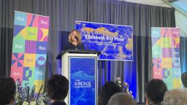 Elizabeth Moje speaking at the Kresge headquarters announcement in Detroit