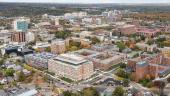 Aerial view of U-M campus, looking east across Munger Graduate Residences