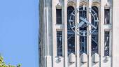 Photo of Burton Memorial Tower's clock, with blue sky in the background and treetops in the foreground.