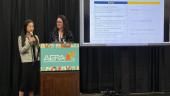 Rebecca Quintana and Annie Zhou presenting their work on AI-generated instructor avatars at the AERA Annual Meeting, 2026