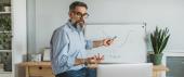 Teacher points at a drawing on a whiteboard while speaking and gesturing at a laptop