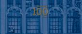 Fall 2021 banner. Exterior Prechter windows with blue overlay and gold text, "Celebrating 100 Years."